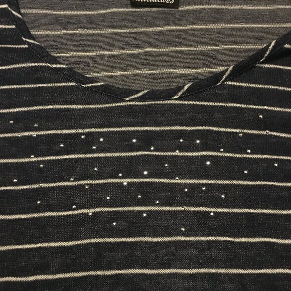 Canadian Rhinestone Collar Half Sleeve Distressed Rayon Striped Top - Picture 8 of 16